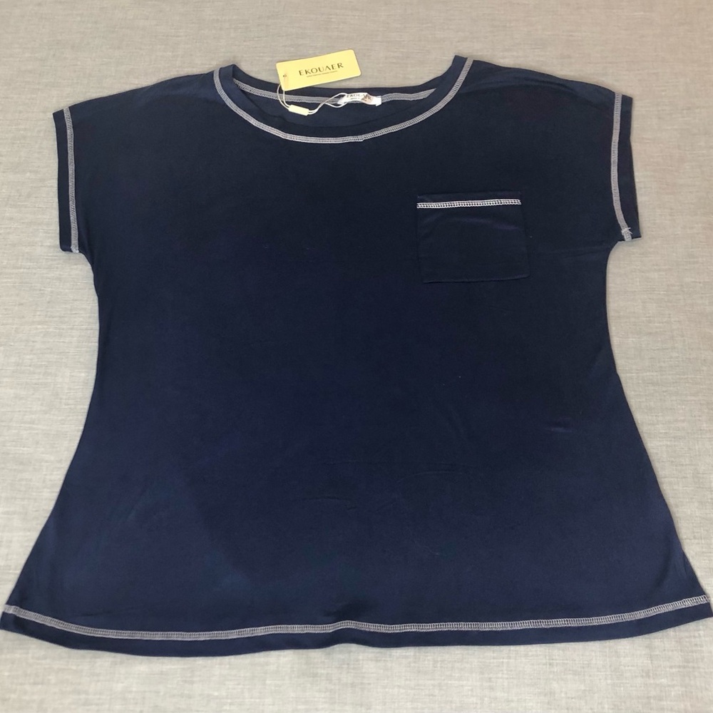 Ekouaer Soft Blue Short Sleeve Lounge Shirt Size Large